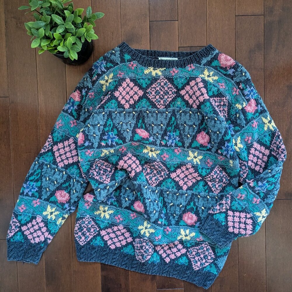 Vintage Crewneck Sweater in Teal, Pink, Yellow & Navy